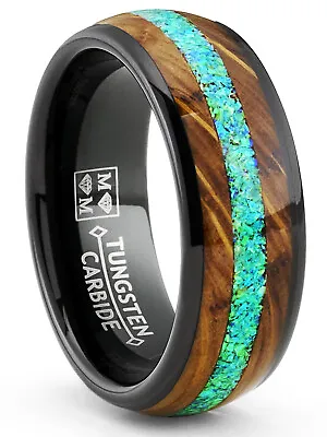 Mens Black Tungsten Engagement Ring Whiskey Barrel Green Opal Inlay Wedding • $29.99