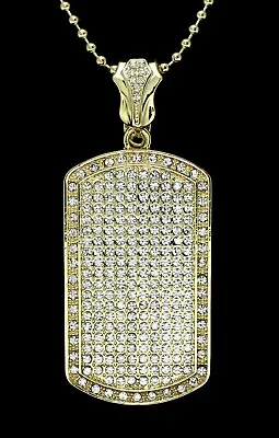 $11.99 • Buy Mens XL Icy CZ Dog Tag Pendant 14k Gold Plated 24  Ball Necklace Hip Hop