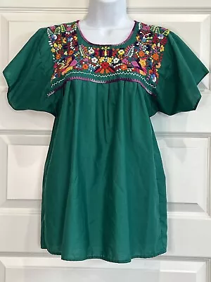 Embroidered Blouse Peasant Floral Mexican Blouse Hand Made Green Sz Small • $16.99