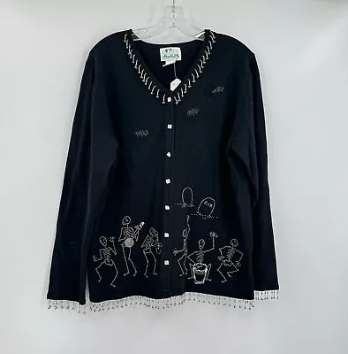 VTG Quacker Factory Womens Black Skeleton Halloween Cardigan Sweater Sz L • $35