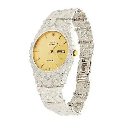 925 Sterling Silver Nugget Wrist Watch Geneve Watch With Diamond 7.5-8  45 Grams • $348.99