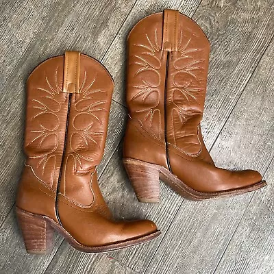 Frye Vintage 80s Leather Cowboy Boots Women’s 6B Almond Toe Cognac Brown USA • $142.46