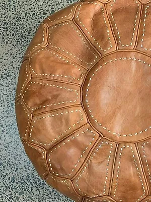 Moroccan Grain Leather Ottoman Pouf Pouffe Footstool STITCHED Vintage Tan • $139