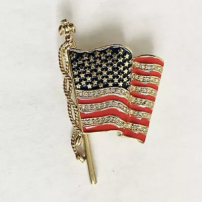 Monet Gold Tone Enamel Rhinestone Flag Brooch “United We Stand Remember 9-11” • $15