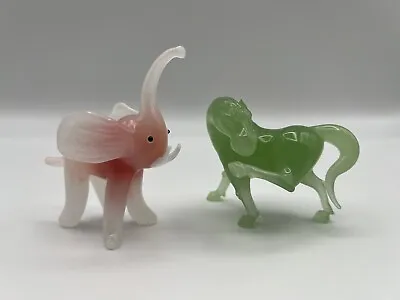 Murano Pink Opal Blown Glass Elephant & Green Jadeite Glass Horse Figurine • $27