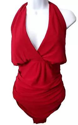 Magicsuit Yvonne Halter Swimsuit 18 18W Plus Red Slimming Faux Wrap Swim Dress • $99.99