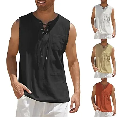 Mens Vest Linen Short Sleeve T-shirt Casual Loose V Neck Lace Up Tops Tunic Tank • £4.79