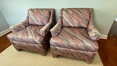 Pair Of Vintage Clyde Pearson Pink Purple Striped Postmodern Armchairs  1970s • $1600