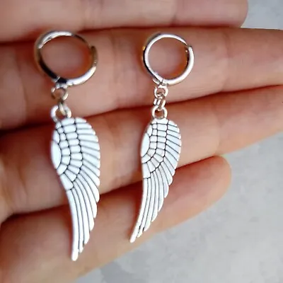 Angel Wing Huggie Hoop Earrings Leverback Bird Wing Silver Tone Unisex Women Men • £4.95