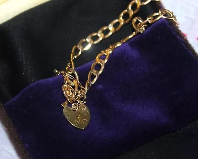 Vintage Gold Curb Chain Charm Bracelet With Heart Lock • £37