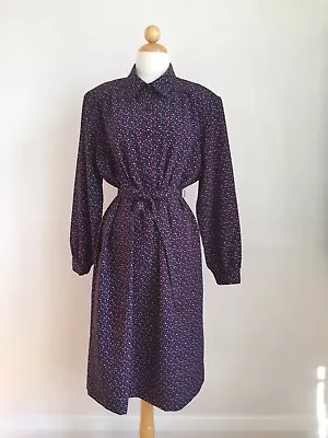 Fabulous Vintage BLAIR Silky Navy Blue W/ Dots Secretary Dress SZ L Petite • $42