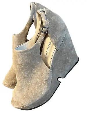 Via Spiga Wren Tan Leather Suede Wedge Platform Peep Toe Sandals Sz 8.5M • $47.20