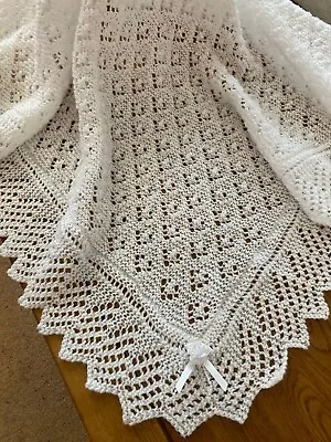 £52.99 • Buy Beautifully Soft Hand Knitted Baby Shawl Blanket White 3 Ply *MADE TO ORDER*