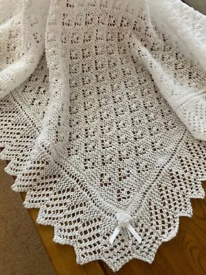 Beautifully Soft Hand Knitted Baby Shawl Blanket White 3 Ply *MADE TO ORDER* • £49.99