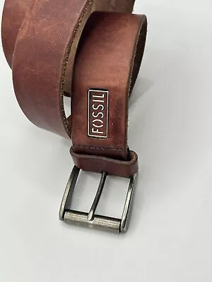 Fossil Genuine Leather Belt Brown/Cognac 1 1/2 Inch Brushed Nickel Toned Mens 34 • $9.60