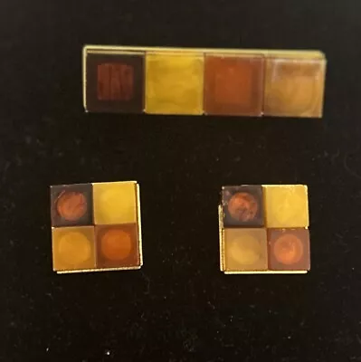 Vintage Amber Modernist Cabe Gold Brooch & Clip On Earrings • $41.50