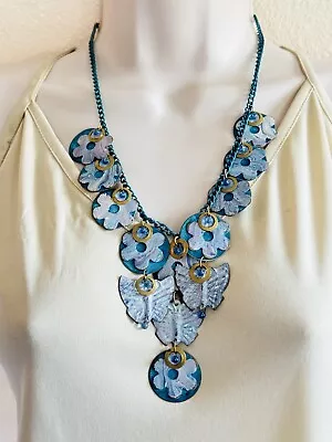 VTG Statement Collar Necklace Brass Enamel Massive Runway Blue Floral Butterfly • $25