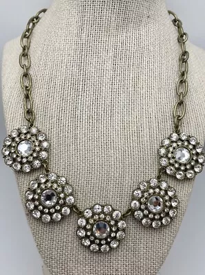 J. Crew Signed Antique Gold Tone Clear Crystal Rosette Collar Necklace 18-21” • $12.99