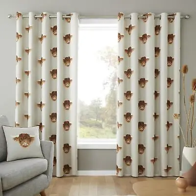 £14.95 • Buy Highland Cow Eyelet Curtains And Cushions By Fusion 100% Cotton In Natural Beige