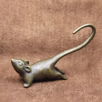 Vintage Solid Brass Long Tail Zodiac Mouse Statue Rat Tea Pet Ornament Miniature • $21.99