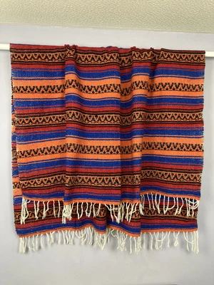 £39.99 • Buy Vintage Baja Mexican Throw Rug Stripe Orange Red Blue Boho Fringed Handwoven 
