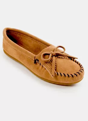 MINNETONKA Kilty Hardsole Shoes Size 9 Dusty Brown Moccasin Suede Leather Comfy • $39.99