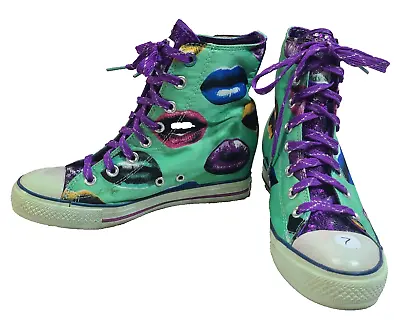 Daddy's Money Secret Wedge Hi Top Sneakers Shoes Women's 7 Green Purple Lips • $19.99