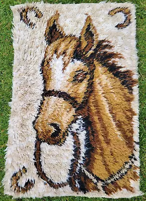 Vintage 70's ' Kitsch Brown Horse Latch Rug ' Wool Tufted Long Pile Carpet Retro • £66