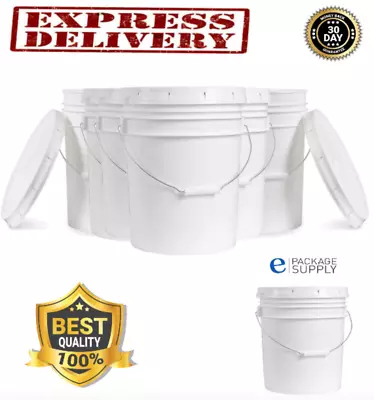 6 Pack 5 Gallon Buckets With Lid White BPA Plastic Food Grade Bucket Lids • $72.99