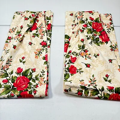 Vintage Bibb Curtain Panel Drapery Pair Pinch Pleat Red Roses Prest Usa Retro • $70