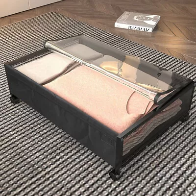 2PCS Metal Underbed Storage Box W/Lid Bedding Drawer Container Clothes On Wheels • £28.95