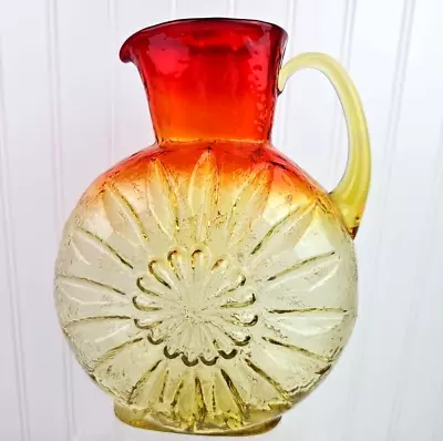 Vintage Amberina Glass Sunflower Pitcher Red Yellow Orange Art Glass 10 Inch • $64