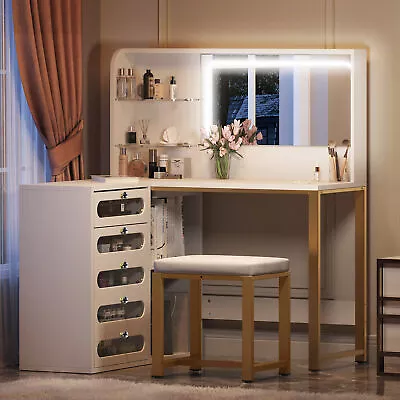 Vanity Set With Led Lights Makeup Desk Dressing Dresser Desk Table With 5 Drawer • $190.99