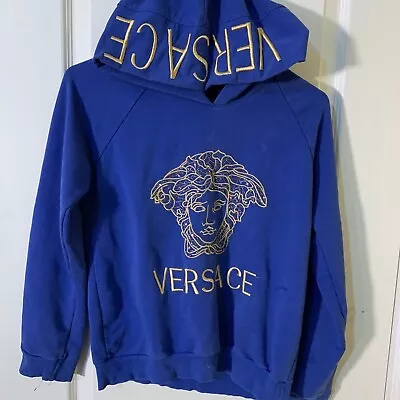 Versace Gold Embroidered Beaded Medusa Blue Pullover Hoodie Sweatshirt Size S • $175