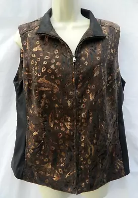Erin London Vest Womens Medium Zip Up Brown/Gold Faux Leather Sides Pockets • $18.99