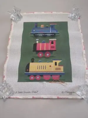 Maggie & Co. 3 Train Engines Needlepoint Canvas Hand Painted Railroad Simon Hart • $124.99