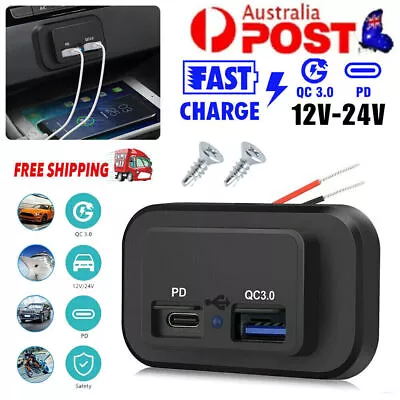 24/12V Fast Charger PD+QC3.0 Dual USB Port Car RV Socket Power Outlet Waterproof • $10.82
