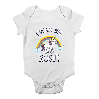 Personalised Dream Big Rainbow & Unicorn Animal Baby Grow Vest Bodysuit Gift • £5.99