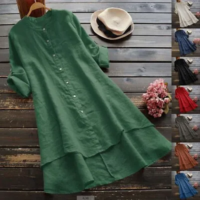 Women Shirt Dress Long Sleeve Mini Ladies Button-up Holiday Simple Baggy Short • £12.99