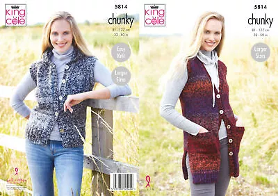 Knitting Pattern Womens Waistcoat Short Hooded Long V Neck King Cole Chunky 5814 • £3.99