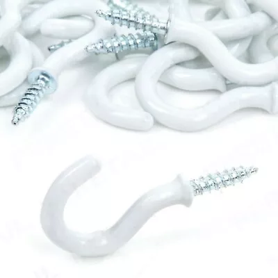 50x WHITE 25mm/1  COATED CUP HOOKS  White Shoulder Flush Screw In Wall Peg Hang • £6.11