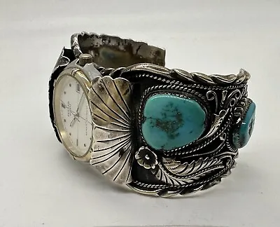 Estate Jewelry- Native Navajo- Vintage Silver Turquoise Watch Cuff - B NEZ • $624