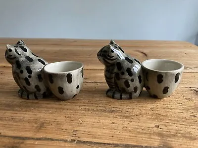 QUAIL CAT EGG CUP GREY TABBY CAT - BLACK STRIPES X 2 Pair Of Egg Cups • £16.99