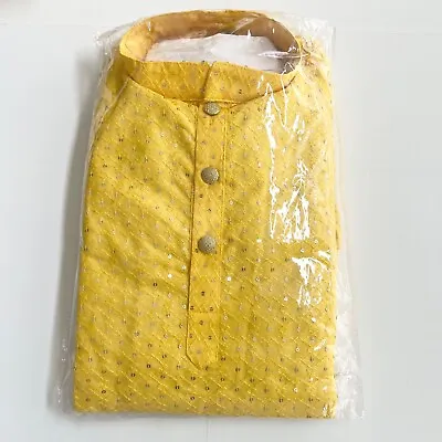 NEW Men's Traditional Kurta Pajama Pyjama Set Yellow Embroidered Sequins SIZE 40 • $24.99