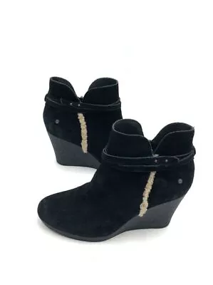 Women's Ugg Alexandra Suede Wedge Black/Cream Fur Trim Boots - Size 8 • $9.99