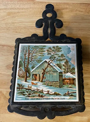 $9 • Buy Vintage Black Metal Ceramic Tile Center Trivet The Homestead In Winter
