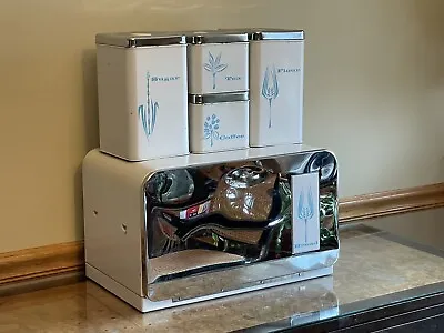 1950s Chrome White Turquoise Breadbox & Canister Set Mid Century Modern Kitchen • $249.99