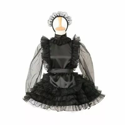 Girl Sissy Maid Black Satin Organza Puffy Dress Tailored Cosplay Costume • $68.50