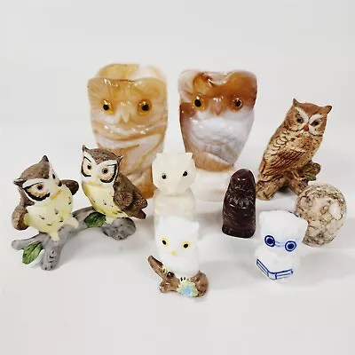 9 Vintage Owl Figurines Stone Ceramic Glass Imperial Slag End Of Day Pitcher • $29.95