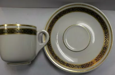 Vintage Demitasse Cup & Saucer By Buffalo China A.G.L. / Gold & Black Bands • $12.99
